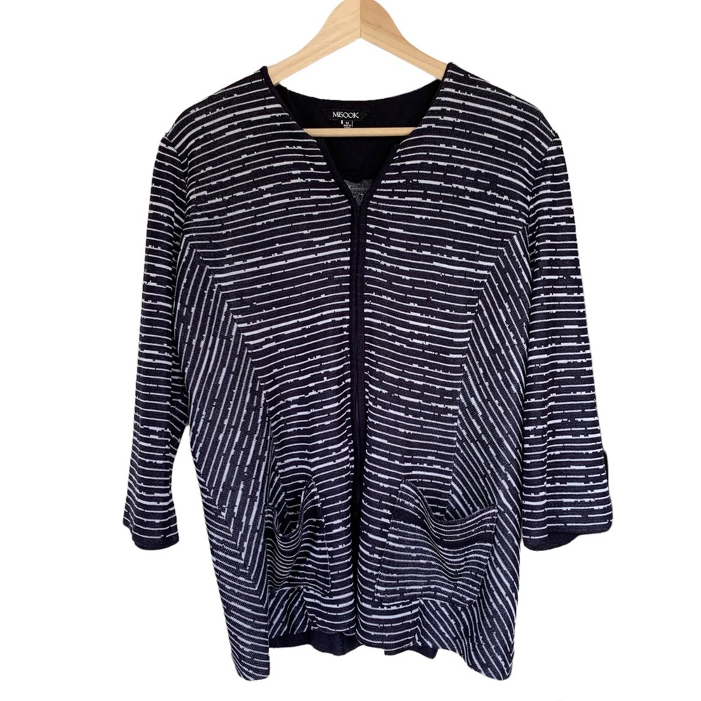 Misook Navy and White Striped Knit Zip-up Cardigan M